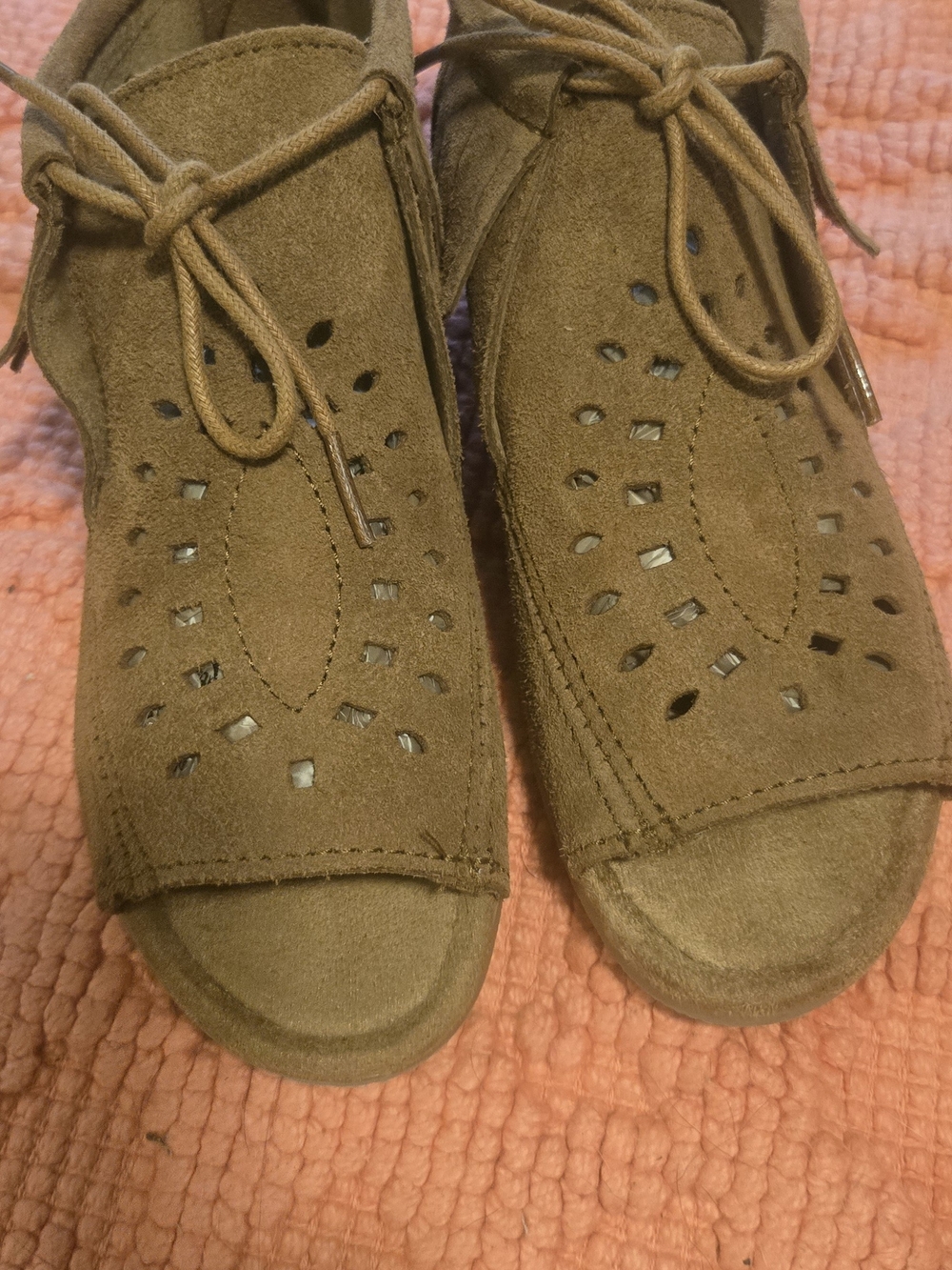 Minnetonka Tan Suede Lace-Up Open Toe Sandals